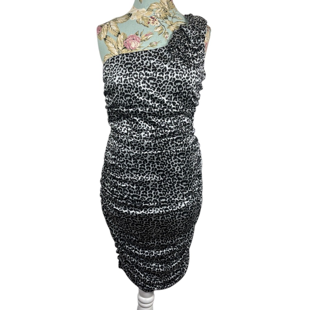 Ruby Rox Womens Black White Leopard Print One Shoulder Ruched Bodycon Dress XL